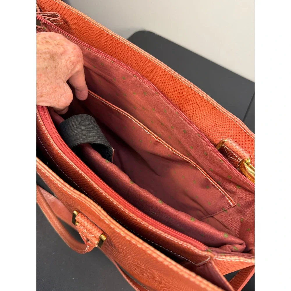 Franklin Covey Briefcase Crossbody Bag Lizard Embossed Pink Coral Leather Laptop